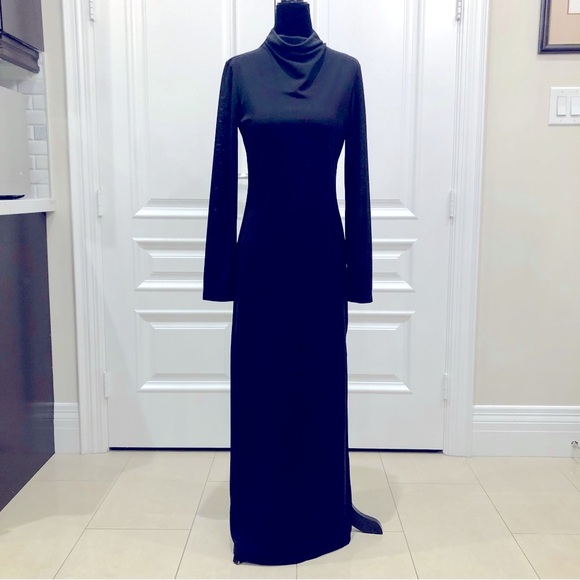 Poleci mock neck long dress in black with slit with long sleeves - Picture 1 of 6